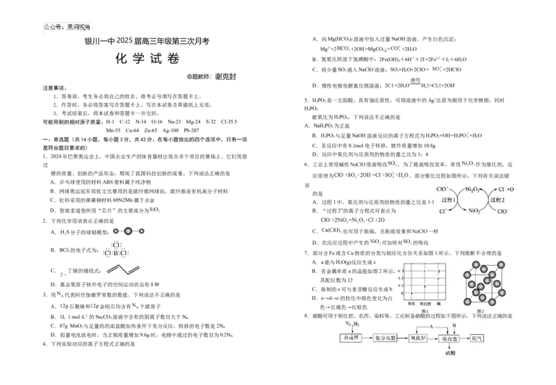 宁夏回族自治区银川一中2024-2025学年高三上学期第三次月考试题化学Word版含答案_2024-2025高三（6-6月题库）_2024年11月试卷