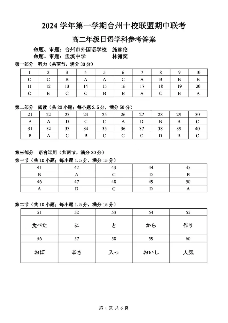 日语答案-2411台州十校高二期中_2024-2025高二（7-7月题库）_2024年11月试卷_1108浙江省台州十校联盟2024学年高二第二学期期中联考