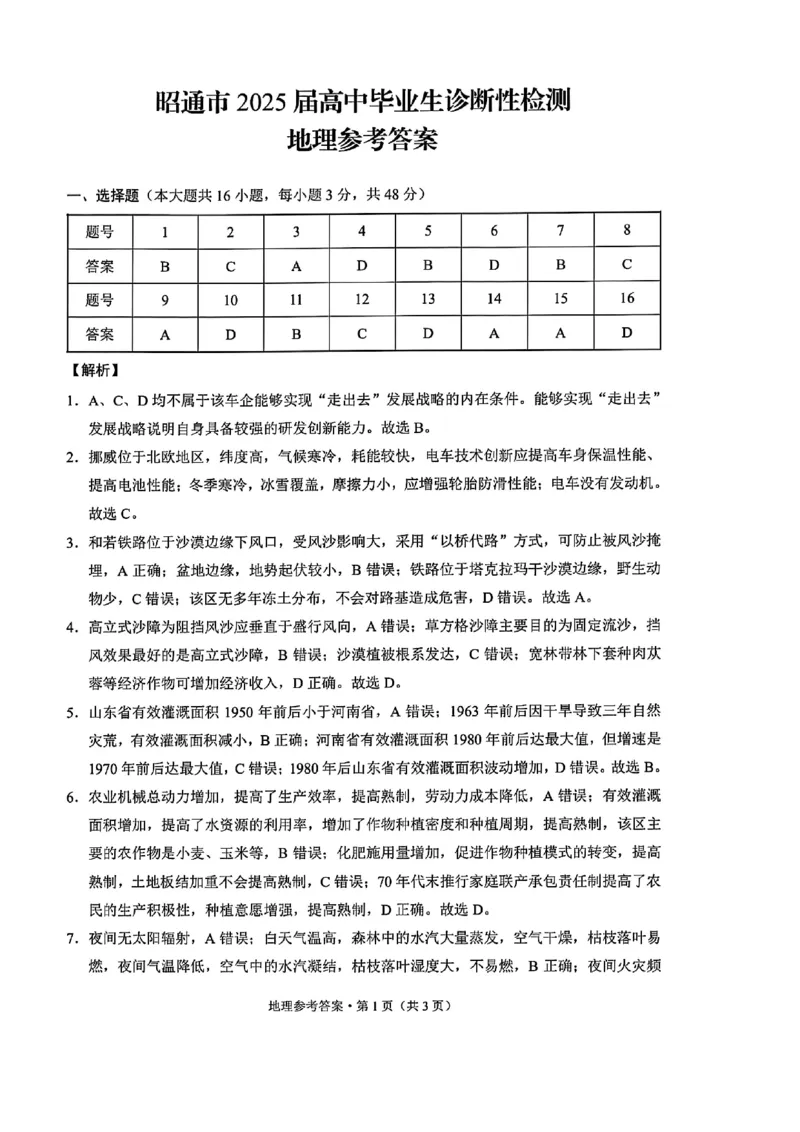 云南省昭通市2025届高三上学期1月毕业生诊断性检测地理+答案_2024-2025高三（6-6月题库）_2025年02月试卷_0201云南省昭通市2025届高三上学期1月毕业生诊断性检测（全科）