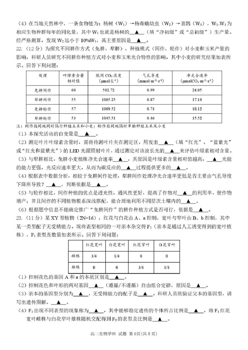 浙江省丽水市发展共同体2024-2025学年高二下学期4月期中联考生物试卷（扫描版有答案）_2024-2025高二（7-7月题库）_2025年04月试卷(1)