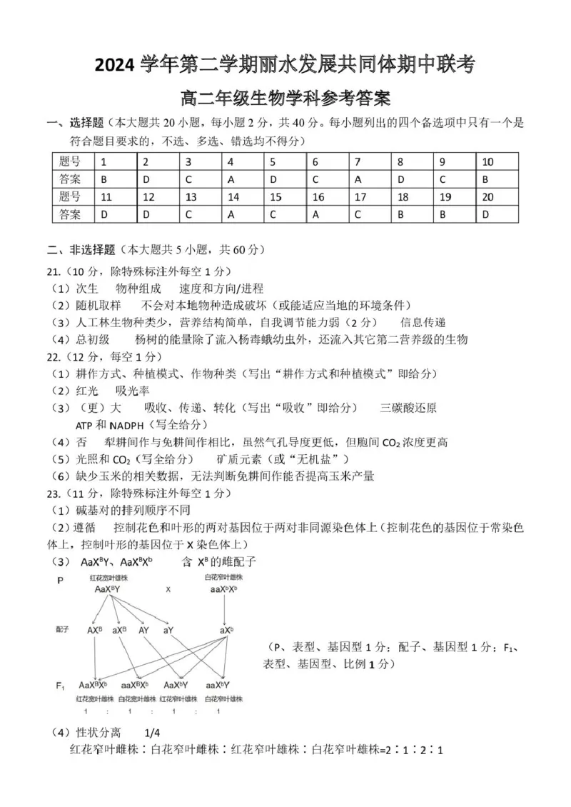 浙江省丽水市发展共同体2024-2025学年高二下学期4月期中联考生物试卷（扫描版有答案）_2024-2025高二（7-7月题库）_2025年04月试卷(1)