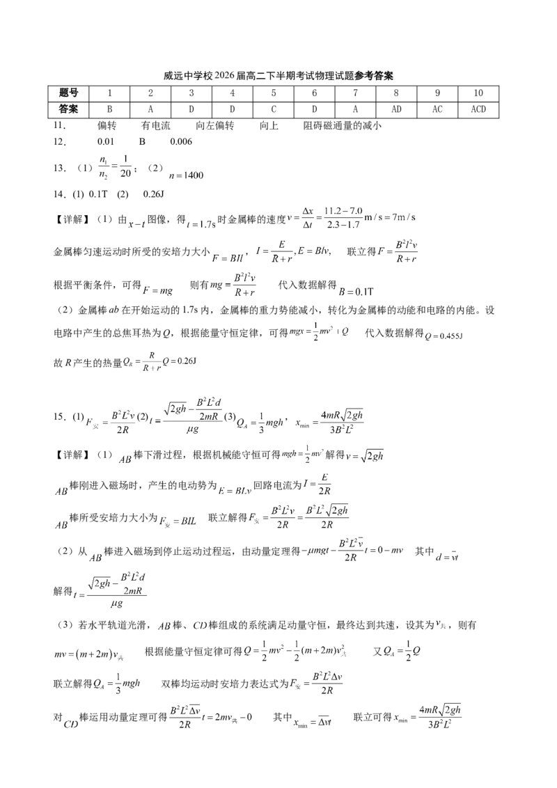 四川省内江市威远中学校2024-2025学年高二下学期期中考试物理试题（含答案）_2024-2025高二（7-7月题库）_2025年04月试卷(1)_0424四川省内江市威远中学2024-2025学年高二下学期期中考试