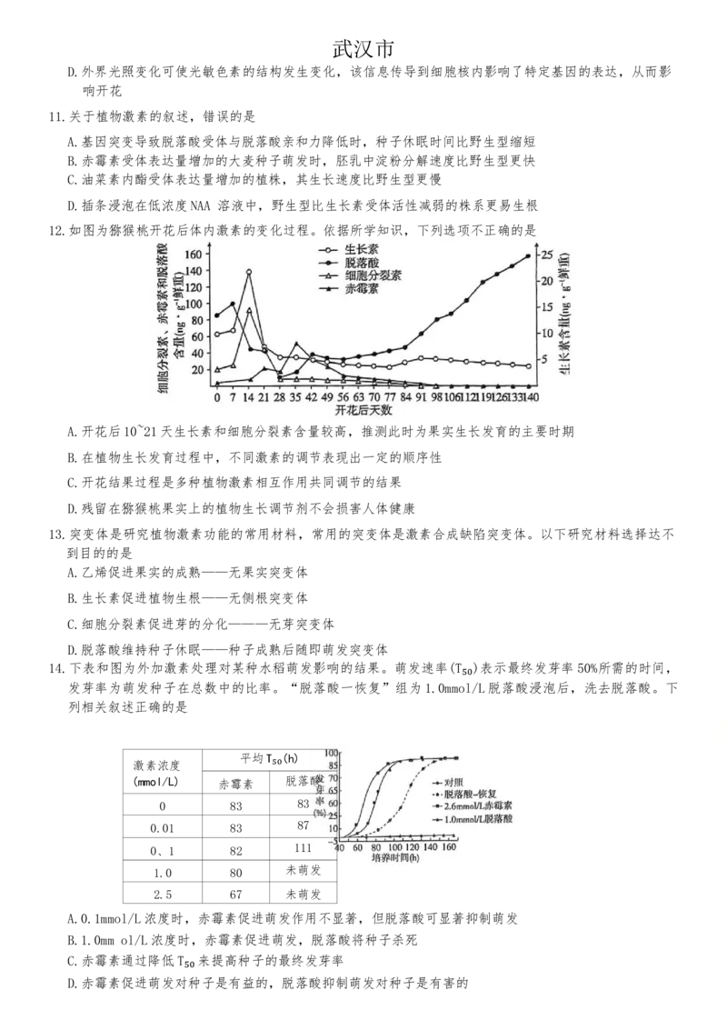 湖北省武汉市部分重点中学2024-2025学年高二上学期期末生物试卷_2024-2025高二（7-7月题库）_2025年02月试卷_0221湖北省部分重点中学2024-2025学年高二上学期期末联考