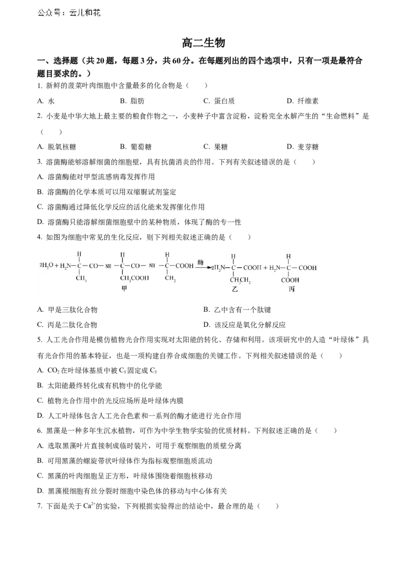 天津市红桥区2023-2024学年高二下学期7月期末考试生物Word版含解析_2024-2025高二（7-7月题库）_2024年07月试卷_0724天津市红桥区2023-2024学年高二下学期7月期末考试