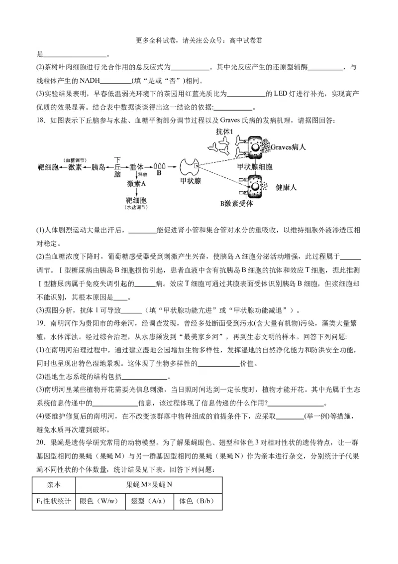 生物（九省联考考后提升卷，贵州卷）（原卷版）_2024年4月_其他_2024年1月新&ldquo;九省联考&rdquo;考后提升卷（原卷+解析）_2024年1月&ldquo;九省联考&rdquo;生物真题完全解读与考后提升