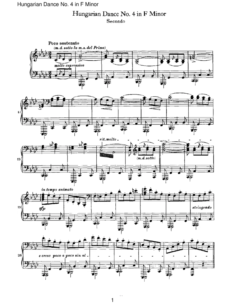 HungarianDanceNo.4inFMinor_一万首著名钢琴曲谱哈农贝多芬合集视频教学电子版高清无水印可打印_1古典钢琴知名音乐家谱_勃拉姆斯钢琴谱全集_VI.PianoWorksforFourHands
