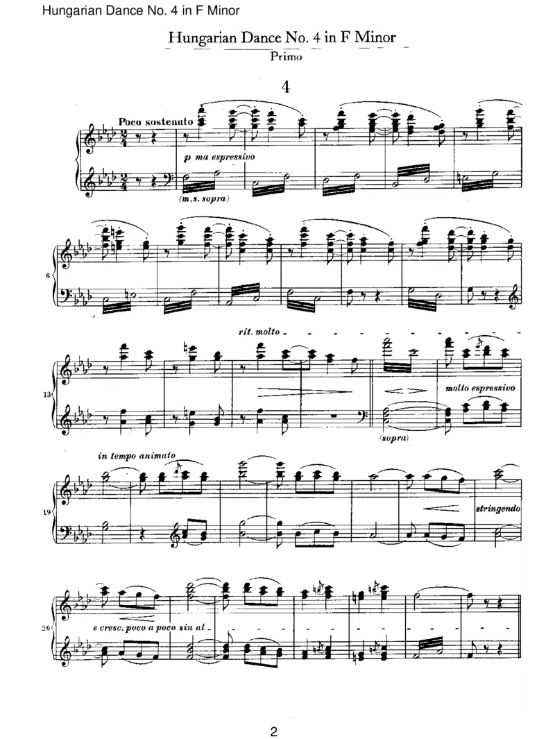 HungarianDanceNo.4inFMinor_一万首著名钢琴曲谱哈农贝多芬合集视频教学电子版高清无水印可打印_1古典钢琴知名音乐家谱_勃拉姆斯钢琴谱全集_VI.PianoWorksforFourHands