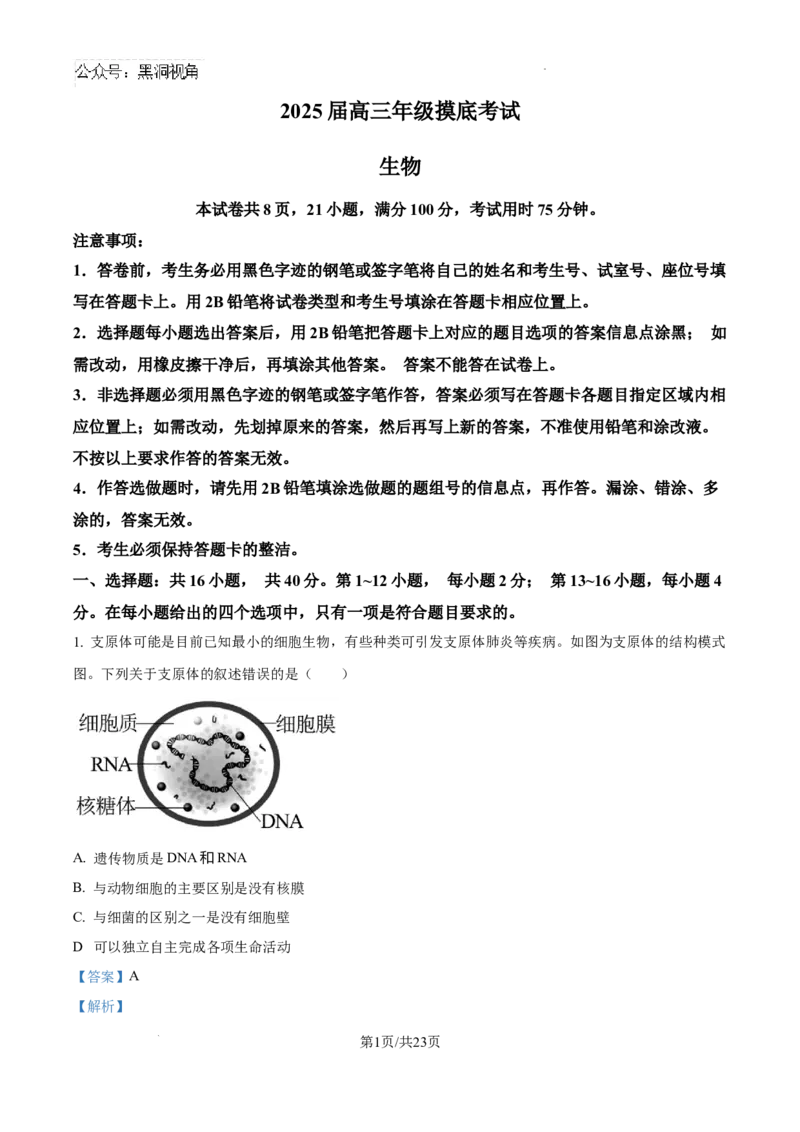 广东省深圳中学2024-2025学年高三上学期第一次摸底考试生物试题（解析）_2024-2025高三（6-6月题库）_2024年09月试卷_0925广东省深圳中学2024-2025学年高三上学期第一次摸底考试