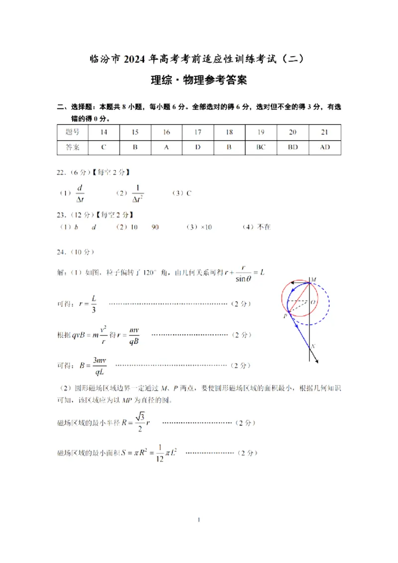 理综答案_2024年4月_01按日期_3号_2024届山西省临汾市高三适应性训练考试（二）_2024届山西省临汾市高三下学期考前适应性训练考试（二）理综试题