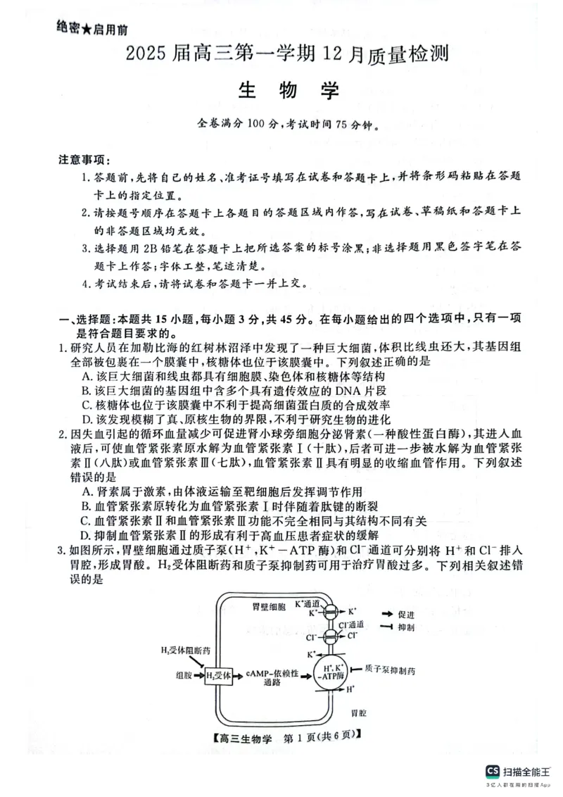 河南省名校联盟2024-2025学年上学期高三12联考-生物_2024-2025高三（6-6月题库）_2024年12月试卷_1225河南省金科大联考2024-2025学年上学期高三12月联考