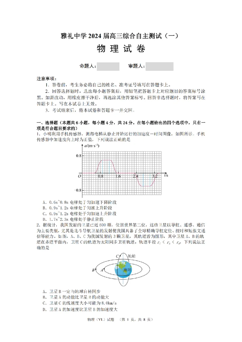 物理（YL）_1_2024年3月_013月合集_2024届湖南省长沙市雅礼中学高三下学期3月综合测试（一）_2024届湖南省长沙市雅礼中学高三下学期3月综合测试（一）物理