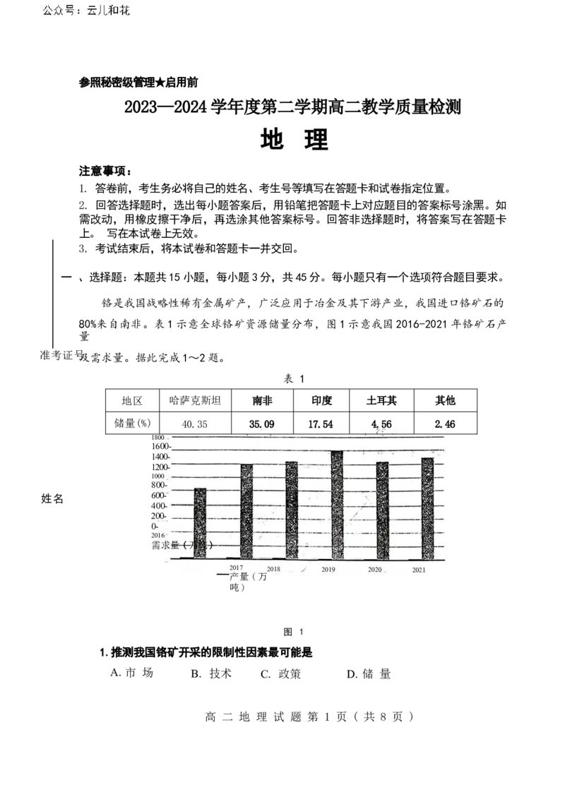山东省淄博市2023-2024学年度第二学期高二教学质量检测+地理_2024-2025高二（7-7月题库）_2024年07月试卷_0712山东省淄博市2023-2024学年度第二学期高二期末质量检测