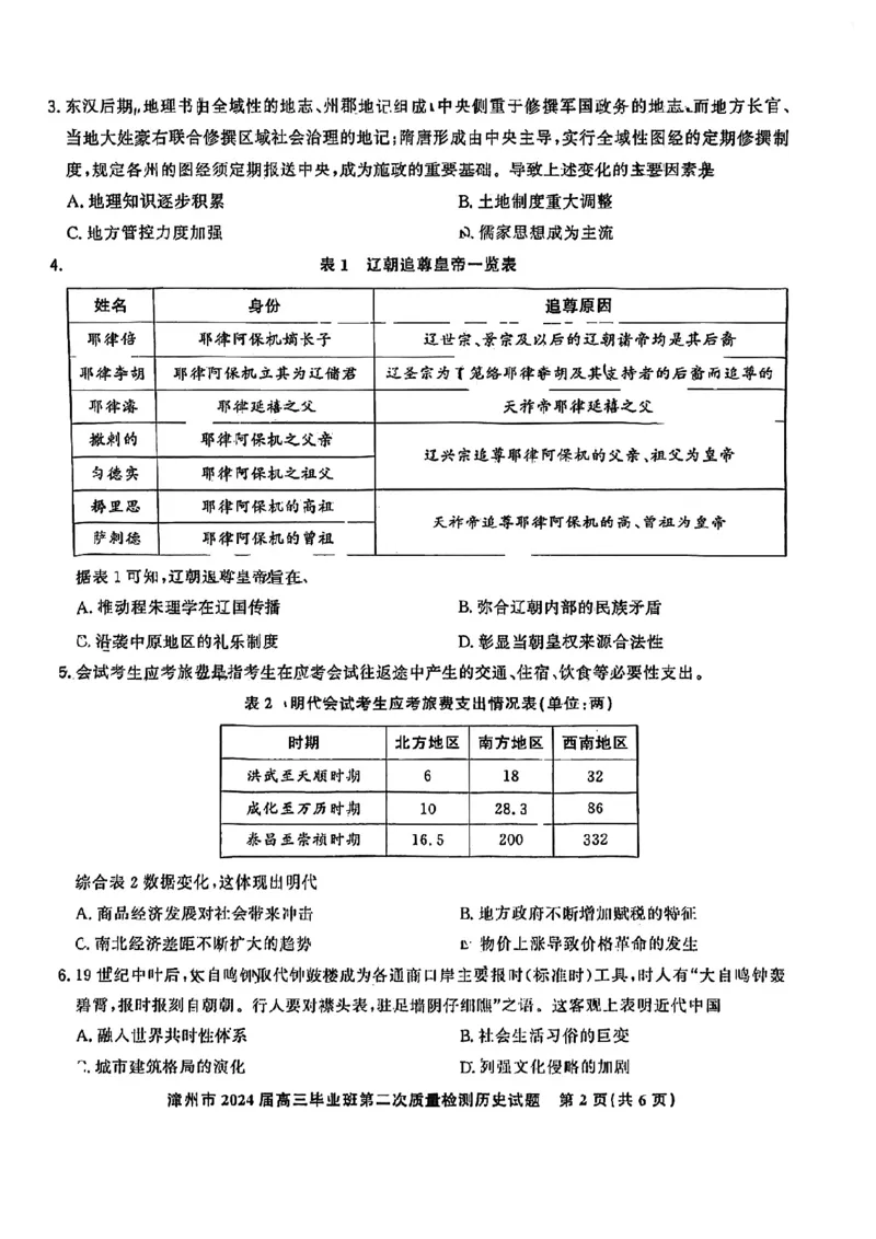 福建省漳州市2024届高三上学期第二次质量检测历史(1)_2024年2月_022月合集_2024届福建省漳州市高三上学期第二次质量检测