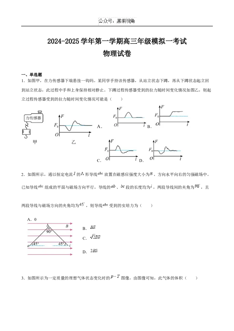 江苏省泰州中学2025届高三上学期一模试题物理Word版含答案_2024-2025高三（6-6月题库）_2025年01月试卷_0110江苏省泰州中学2025届高三上学期一模试题