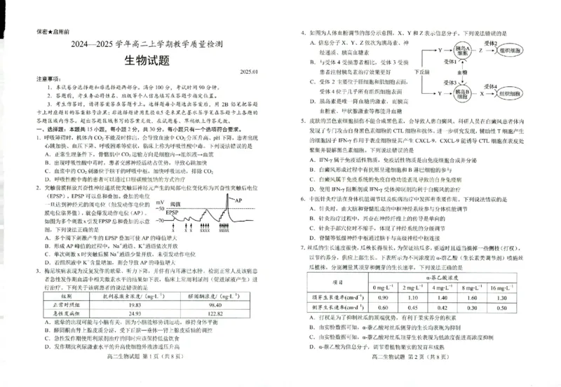 山东省菏泽市2024-2025学年高二上学期1月期末生物试题_2024-2025高二（7-7月题库）_2025年03月试卷_0310山东省菏泽市2024-2025学年高二上学期1月期末考试