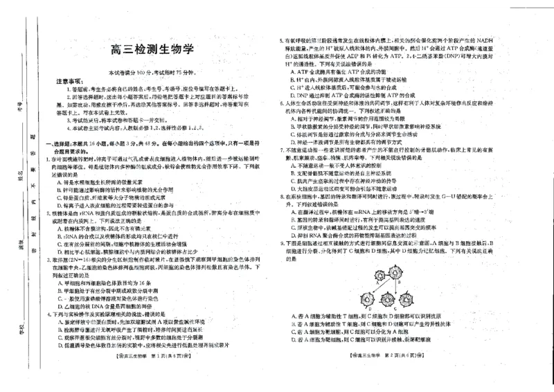 生物_2024年2月_01每日更新_28号_2024届甘肃省2月金太阳高三联考（347C）_甘肃省2024届2月金太阳高三联考（347C）生物