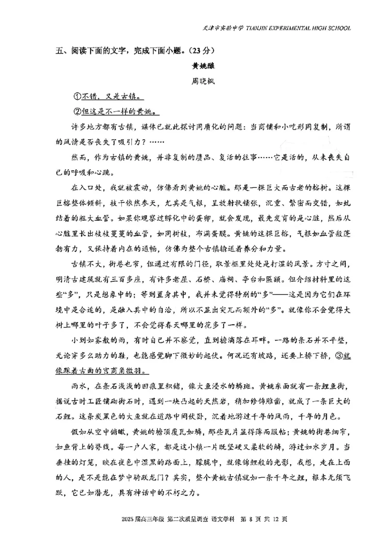 天津市实验中学2024-205学年高三上学期第二次月考试题语文PDF版含解析_2024-2025高三（6-6月题库）_2024年10月试卷_1025天津市实验中学2024-205学年高三上学期第二次月考