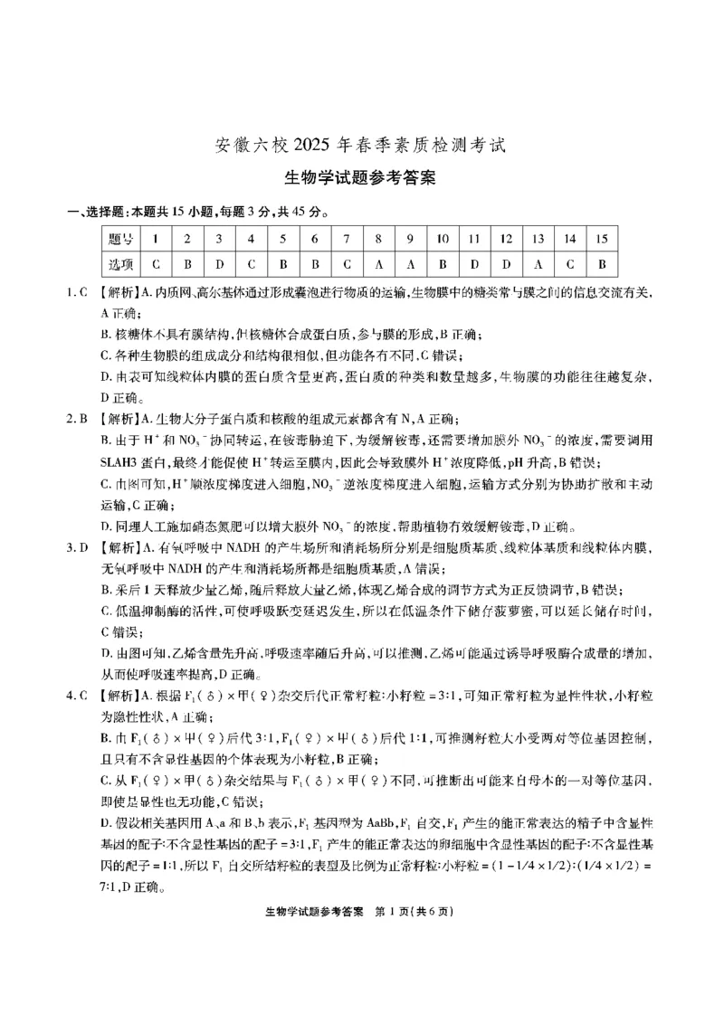 安徽六校-生物答案_2024-2025高三（6-6月题库）_2025年02月试卷_0216安徽省六校2024-2025学年高三下学期2月素质检测考试（全科）_安徽省六校2024-2025学年高三下学期2月素质检测考试生物