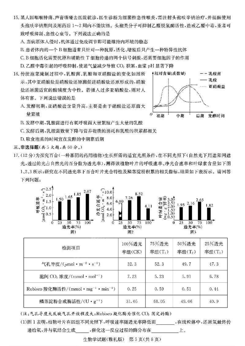 生物学_2024年4月_01按日期_24号_2024届湖南长沙雅礼中学高三下学期月考（八）_湖南省长沙市雅礼中学2023-2024学年高三下学期月考（八）生物