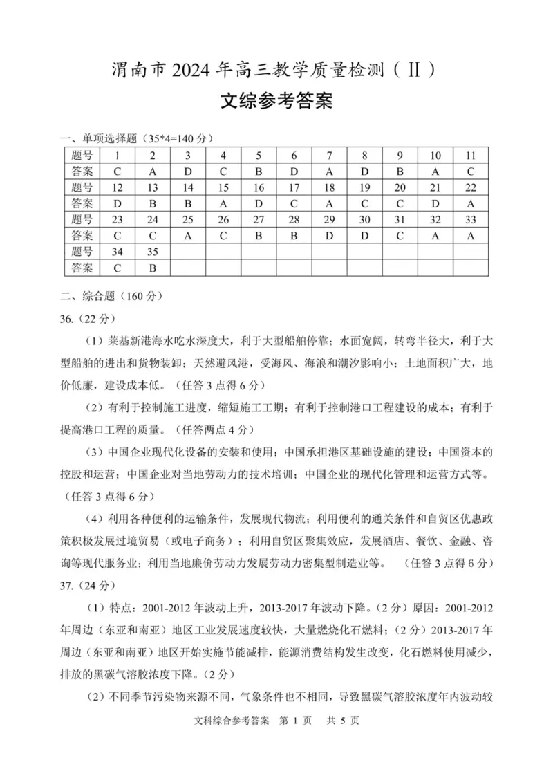 答案_2024年4月_01按日期_14号_2024届陕西省渭南市高三下学期教学质量检测（Ⅱ）_2024届陕西省渭南市高三下学期教学质量检测（Ⅱ）文综试卷