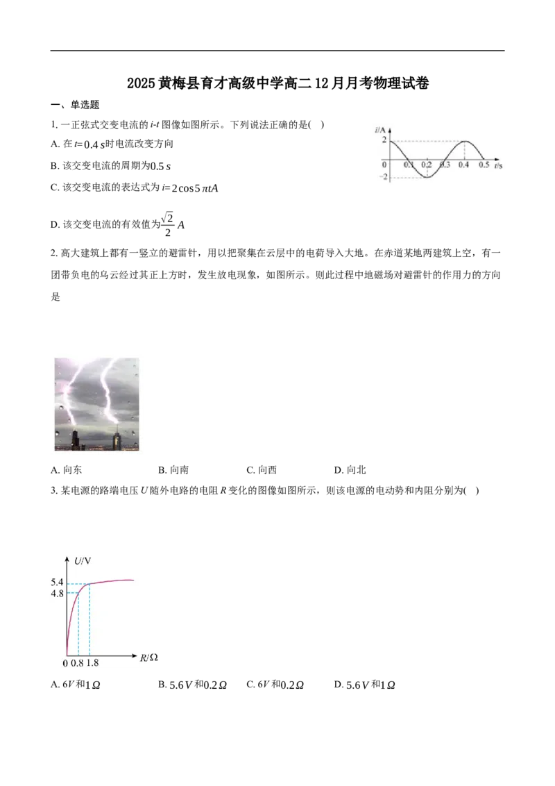 湖北省黄冈市黄梅县育才高级中学2025-2026学年高二上学期12月月考物理试题（含解析）_2024-2025高二（7-7月题库）_2026年1月高二
