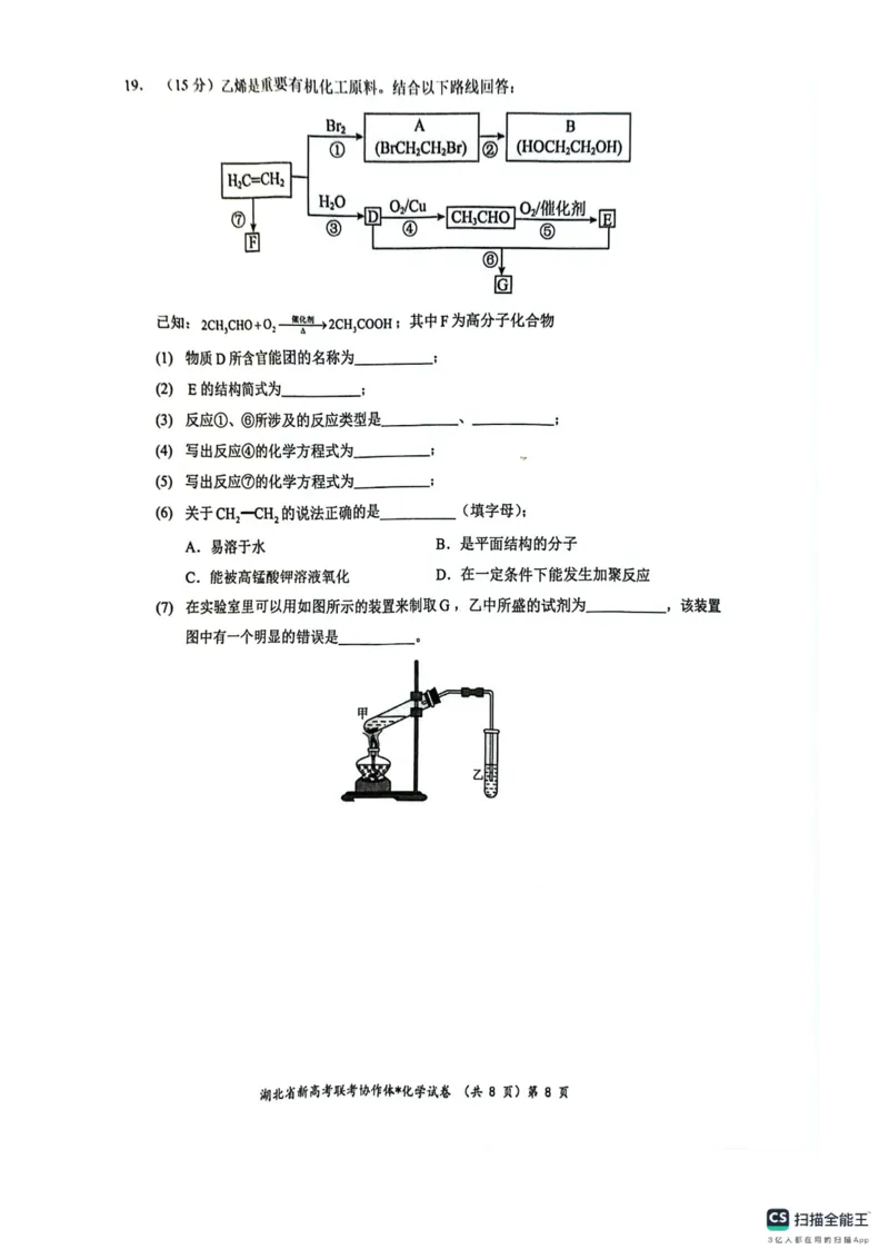 湖北省新高考联考协作体2024-2025学年高二上学期开学考试化学+答案+卡_2024-2025高二（7-7月题库）_2024年09月试卷_0914湖北省新高考联考协作体2024-2025学年高二上学期开学考试
