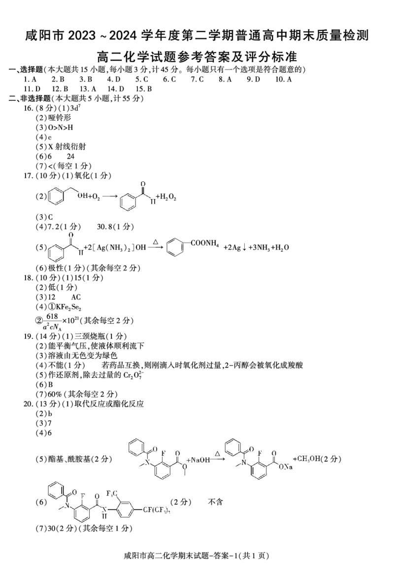 化学答案－咸阳市_2_2024-2025高三（6-6月题库）_2024年07月试卷_240712陕西省咸阳市2023-2024学年高二下学期7月期末_陕西省咸阳市2023-2024学年高二下学期7月期末化学