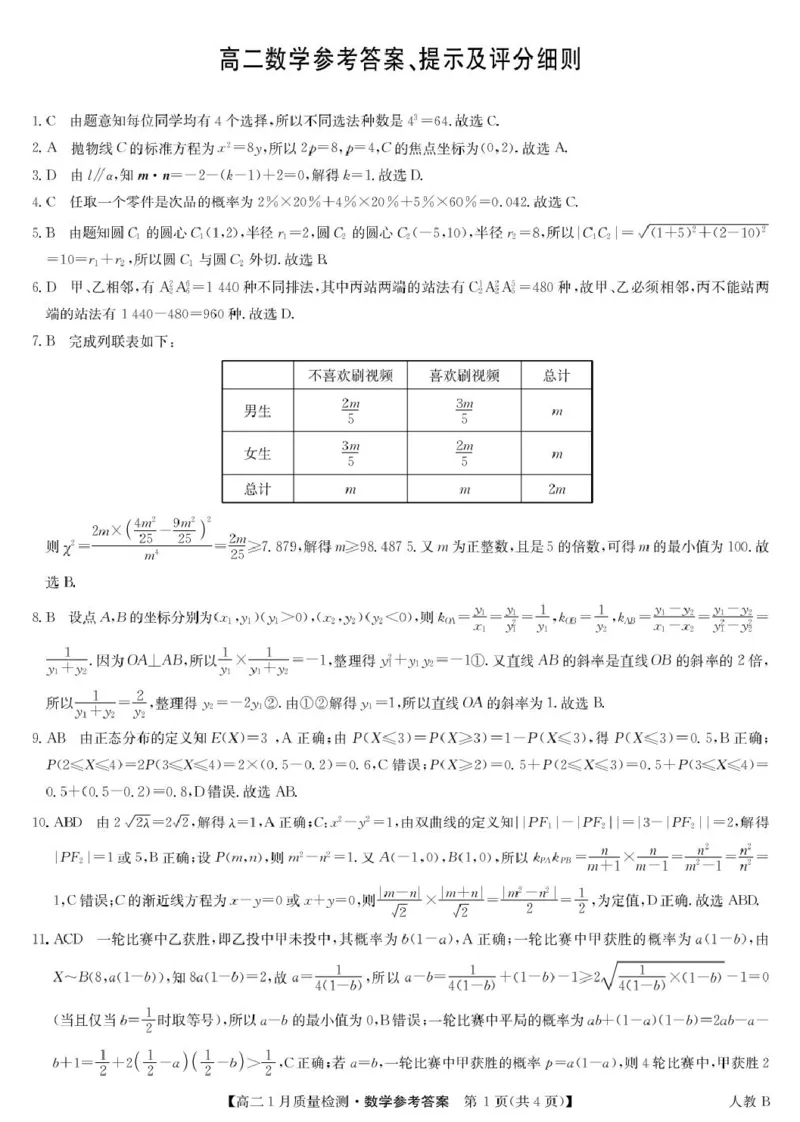 数学答案-高二1月质量检测（人教B）_2024-2025高二（7-7月题库）_2026年1月高二_260126江西省多校联考2025-2026学年高二上学期1月期末联考