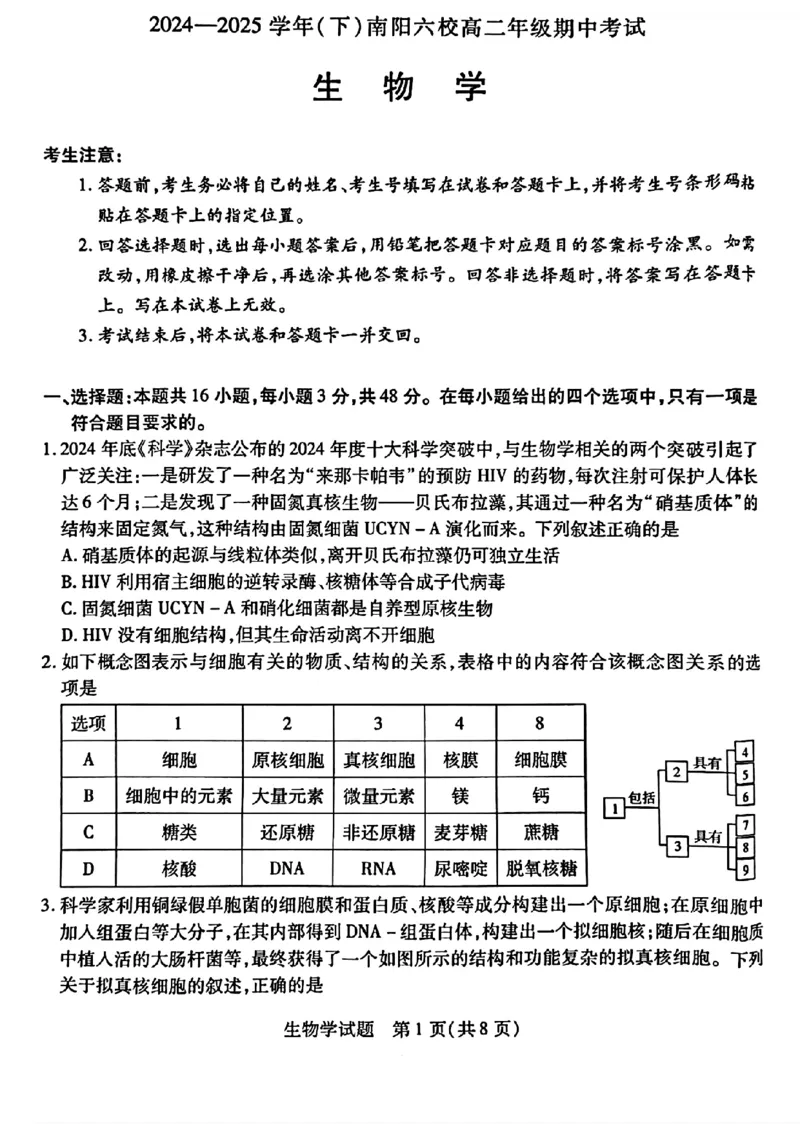 河南省南阳六校2024-2025学年高二下学期期中考试生物PDF版含解析_2024-2025高二（7-7月题库）_2025年04月试卷(1)_0424河南省南阳市六校2024-2025学年高二下学期期中考试