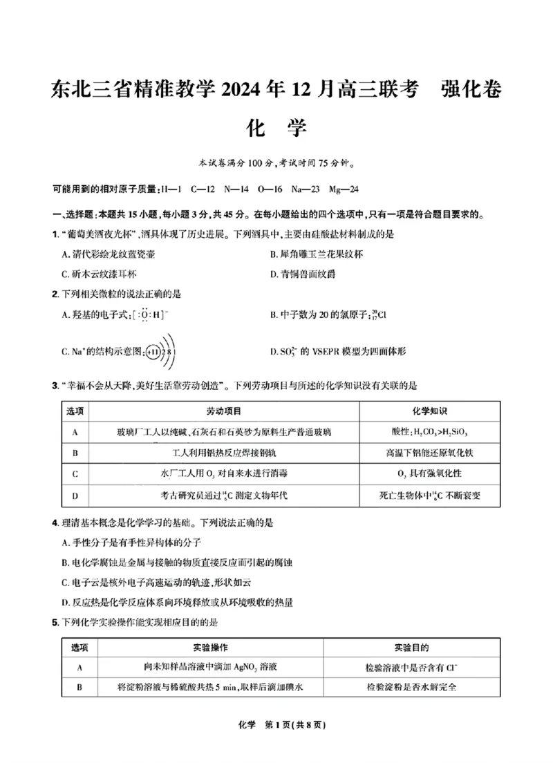 东北三省精准教学2024年12月高三联考化学强化卷正文_2024-2025高三（6-6月题库）_2024年12月试卷_1206东北三省精准教学2024-2025学年高三上学期12月联考强化卷