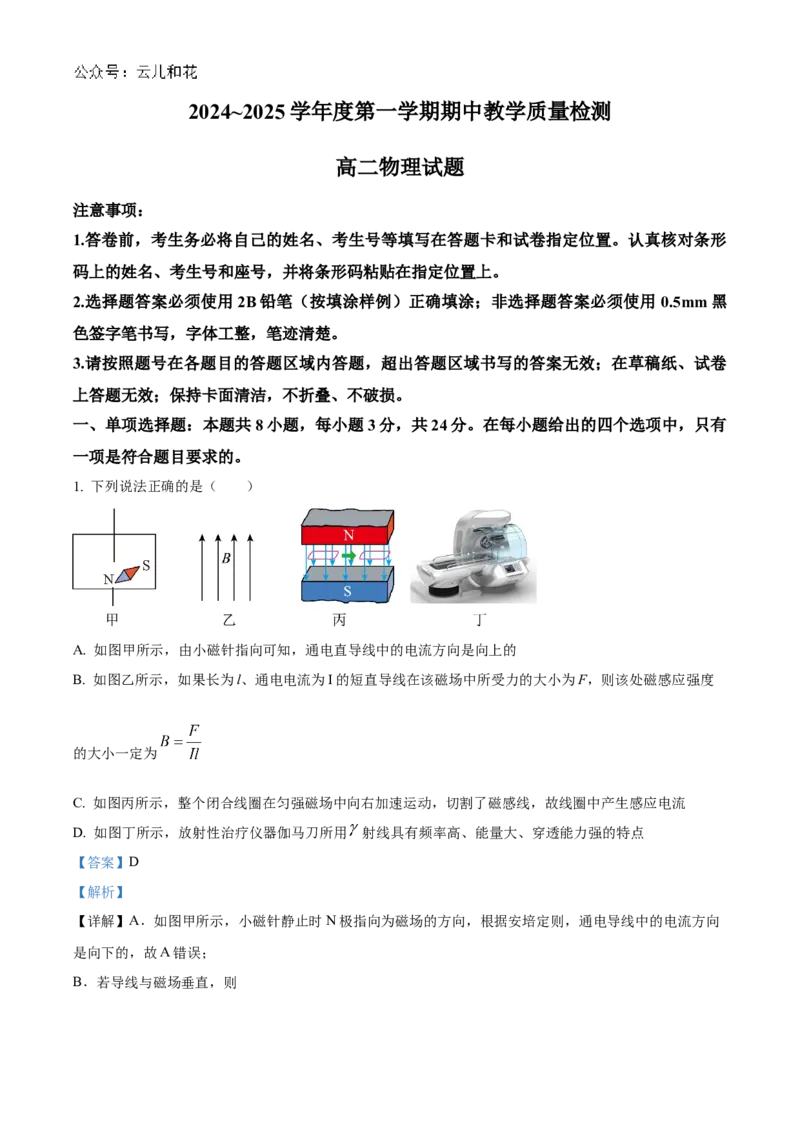 山东省聊城市2024-2025学年高二上学期11月期中物理试题Word版含解析_2024-2025高二（7-7月题库）_2024年12月试卷_1202山东省聊城市2024-2025学年高二上学期11月期中考试