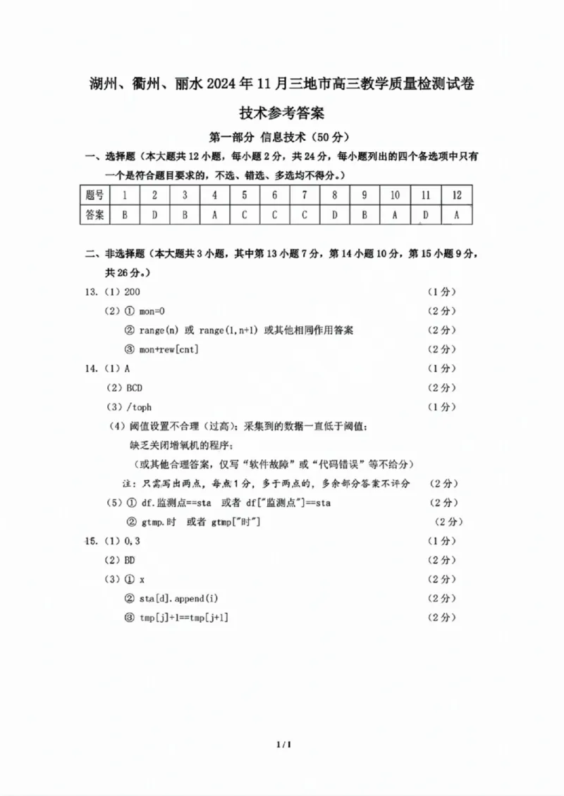 技术答案_2024-2025高三（6-6月题库）_2024年11月试卷_1109浙江省湖州市、衢州市、丽水市2024-2025学年高三上学期11月教学质量检测_湖丽衢三地市11月技术