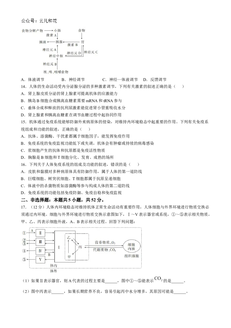 四川省2024-2025学年高二上学期期中调研测试生物试题（含解析）_2024-2025高二（7-7月题库）_2024年12月试卷_1201四川省2024-2025学年高二上学期期中调研测试