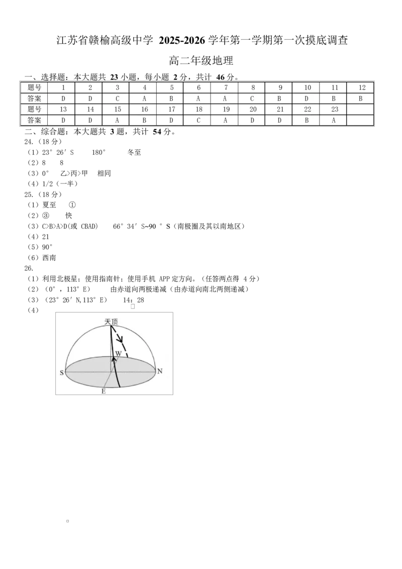 地理答案_2025年10月高二试卷_251015江苏省连云港市赣榆区新海高级中学2025-2026学年高二上学期10月学业水平质量监测（全）