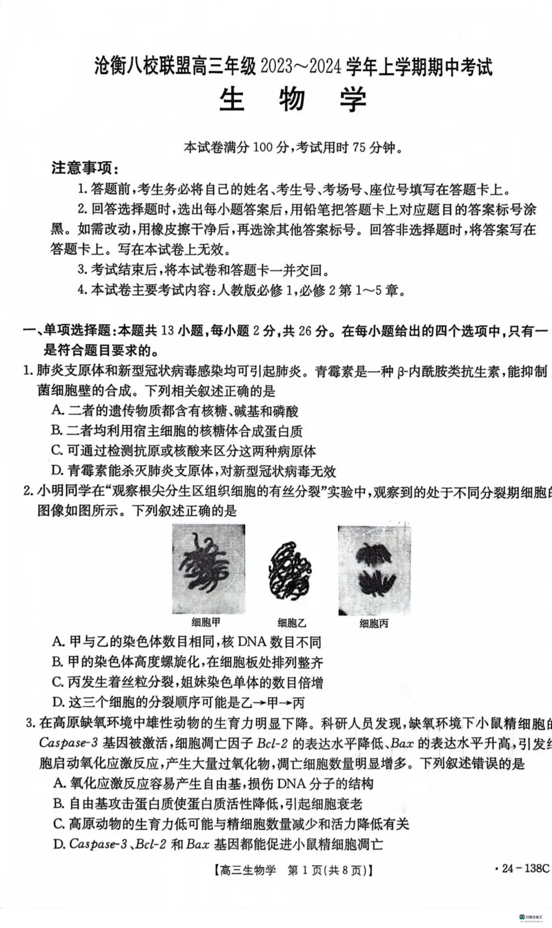 河北省2024届高三上学期11月金太阳联考（24-138C）生物(1)_2023年11月_01每日更新_19号_2024届河北省高三上学期11月金太阳联考（24-138C）
