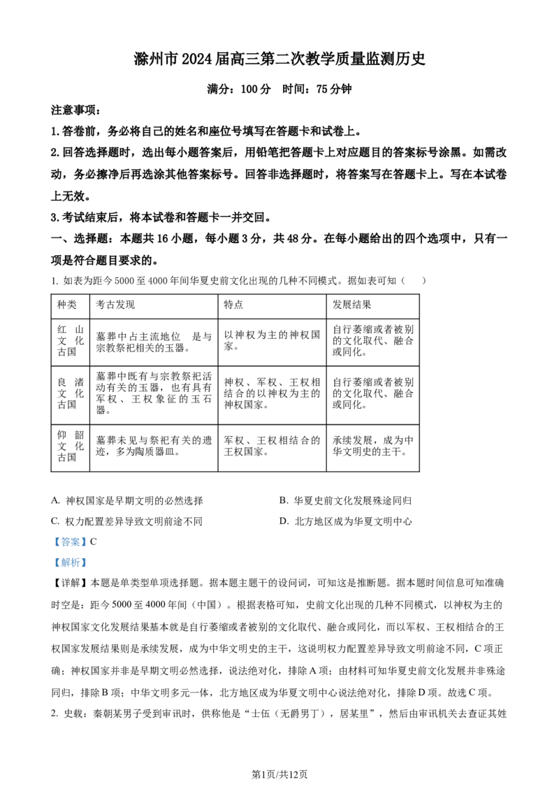 精品解析：2024届安徽省滁州市高三下学期第二次教学质量监测历史试题（解析版）_2024年4月_01按日期_21号_2024届安徽省蚌埠四模（滁州二模）
