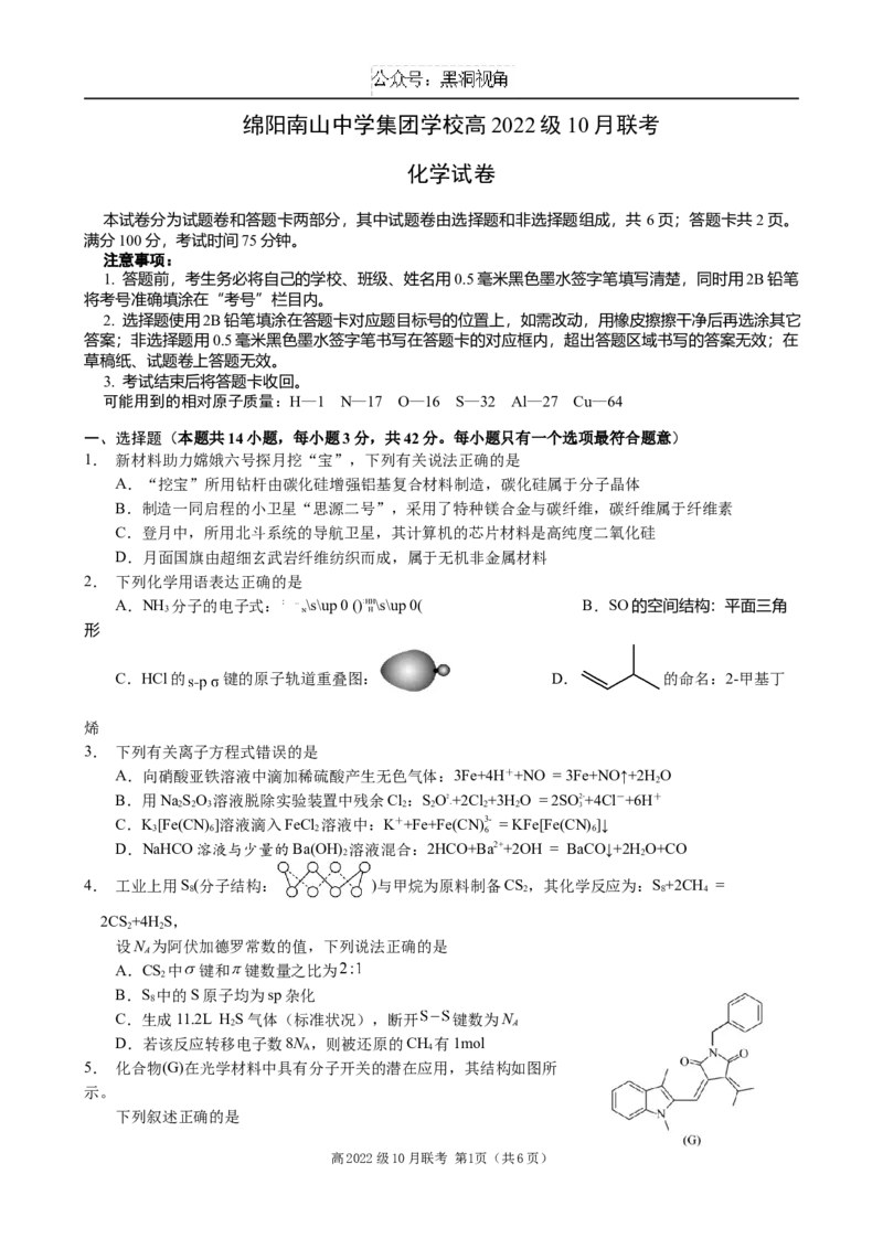 化学试题_2024-2025高三（6-6月题库）_2024年10月试卷_1017四川省绵阳市南山中学集团学校2024-2025学年高三上学期10月联考