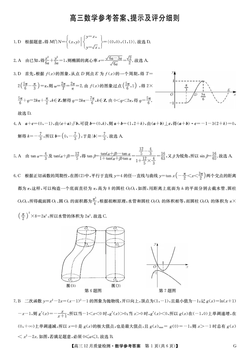 数学答案_2024-2025高三（6-6月题库）_2024年12月试卷_1225九师联盟2025届高三12月质量检测（全科）_2025届九师联盟高三12月质量检测联考数学（G）