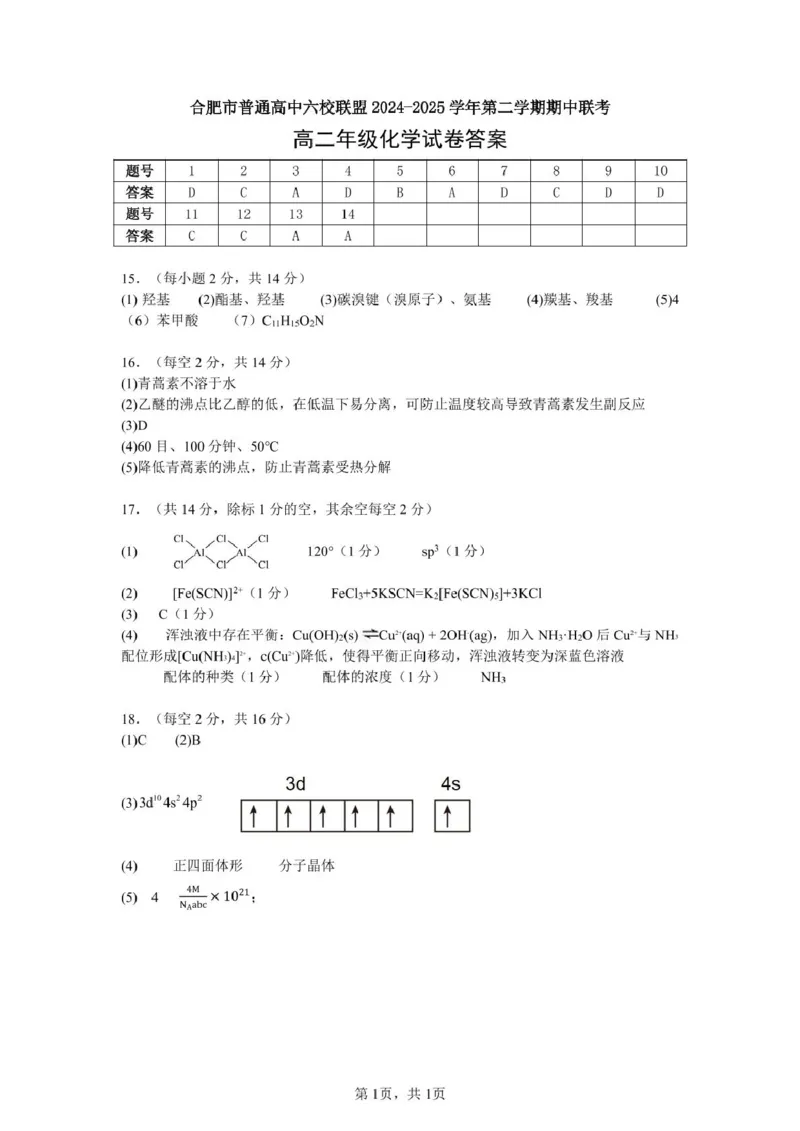 安徽省合肥市普通高中六校联盟2024-2025学年高二下学期4月期中考试化学PDF版含答案_2024-2025高二（7-7月题库）_2025年05月试卷