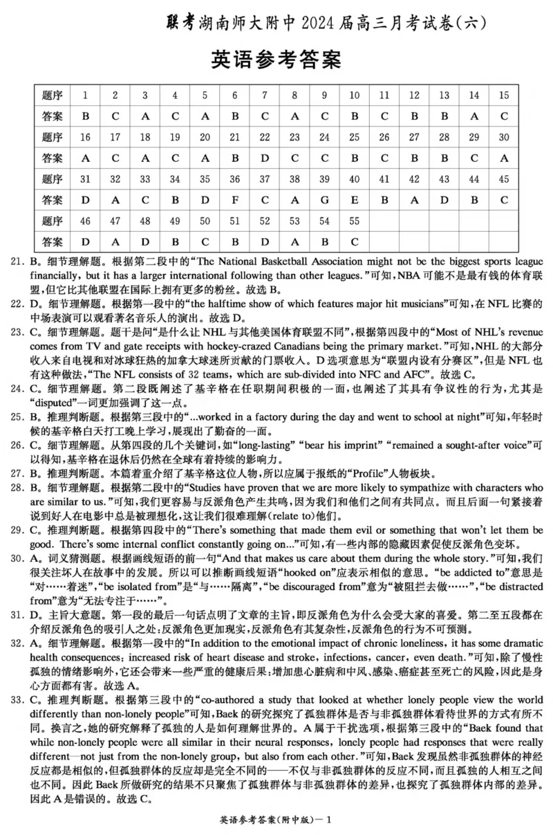 英语答案（附中6次）_2024年3月_013月合集_2024届湖南省师范大学附属中学高三月考(六)_湖南师范大学附属中学2023-2024学年高三下学期第六次月考英语试题