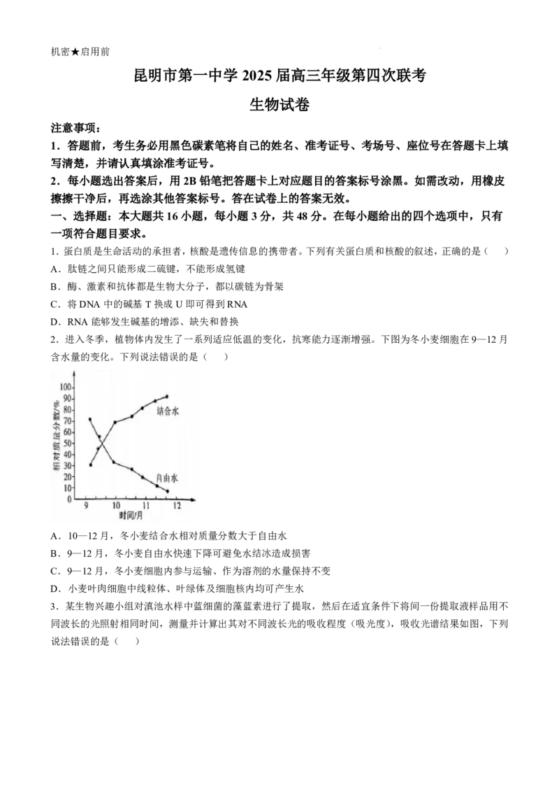 云南省昆明市第一中学2024-2025学年高三上学期第四次联考生物试题(无答案)_2024-2025高三（6-6月题库）_2024年12月试卷_12042025届云南省昆明市第一中学高三年级第四次联考
