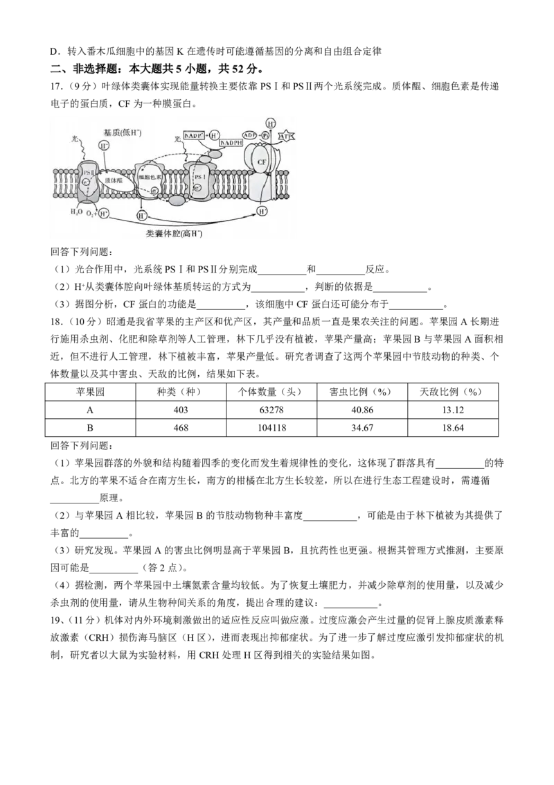 云南省昆明市第一中学2024-2025学年高三上学期第四次联考生物试题(无答案)_2024-2025高三（6-6月题库）_2024年12月试卷_12042025届云南省昆明市第一中学高三年级第四次联考