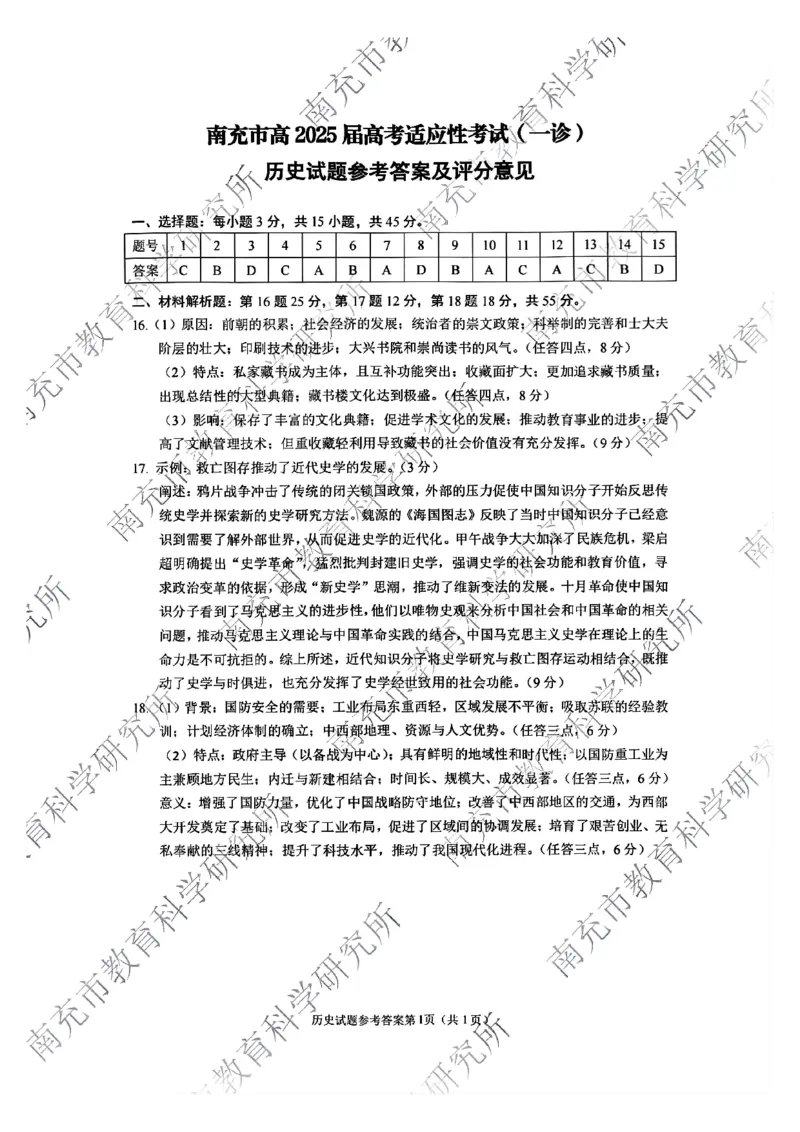 四川省南充市2025届高三高考适应性考试（一诊）历史试题答案_2024-2025高三（6-6月题库）_2024年10月试卷_1012四川省南充市2025届高三高考适应性考试（一诊）