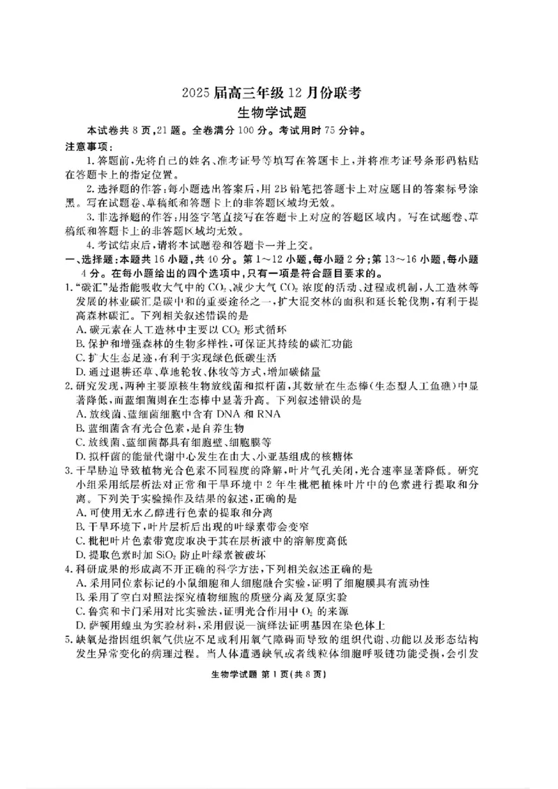 广东省衡水金卷2025届高三上学期12月联考生物+答案_2024-2025高三（6-6月题库）_2024年12月试卷_1219广东省衡水金卷2025届高三上学期12月联考