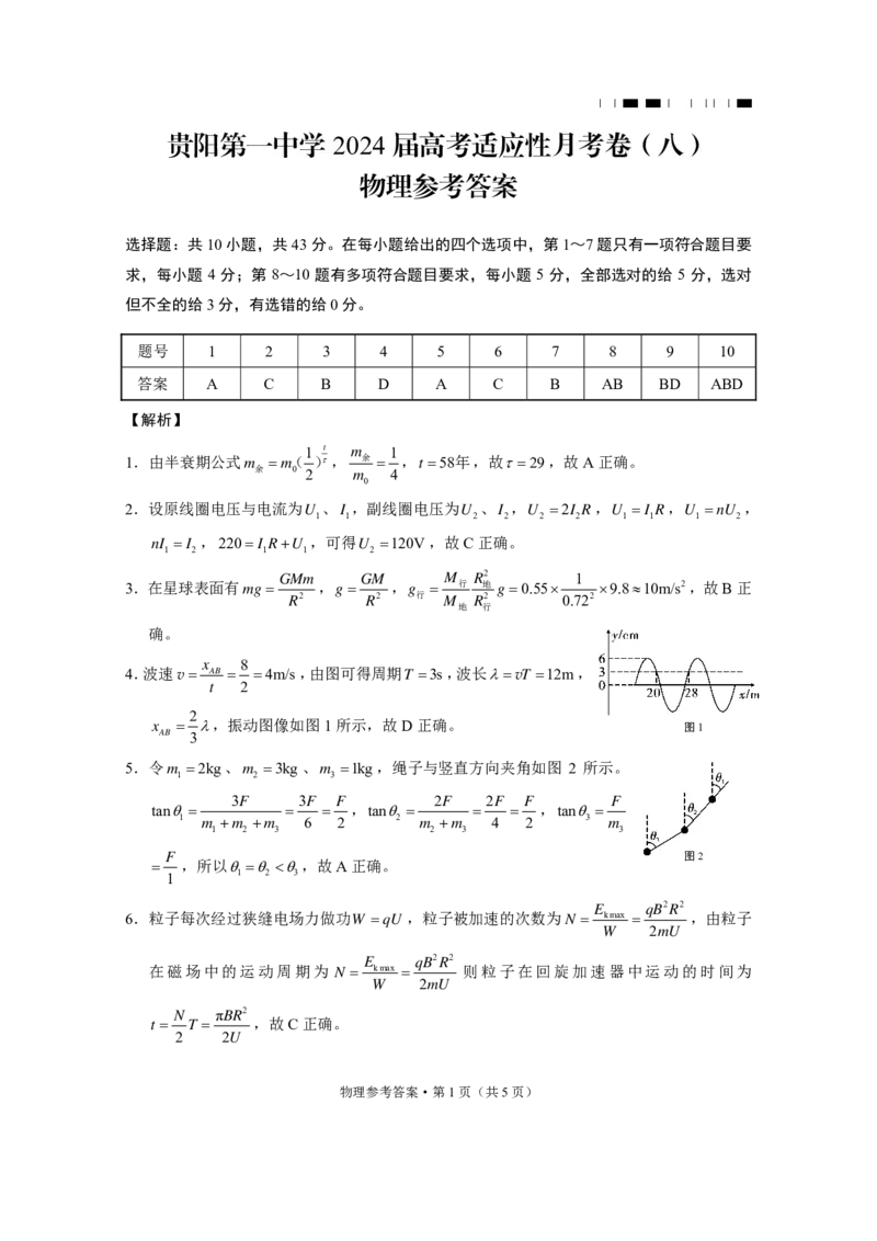 贵阳第一中学2024届高考适应性月考卷（八）物理-答案_2024年5月_01按日期_28号_2024届贵州省贵阳一中高三下学期高考适应性月考卷（八）
