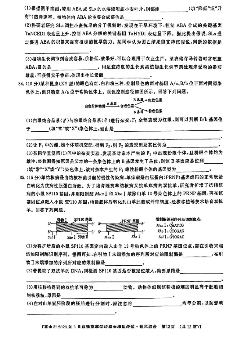 理综试题_2024年2月_01每日更新_13号_2023届山西省晋中市高三3月普通高等学校招生模拟考试（二模）全科_2023届山西省晋中市高三3月普通高等学校招生模拟考试（二模）理综