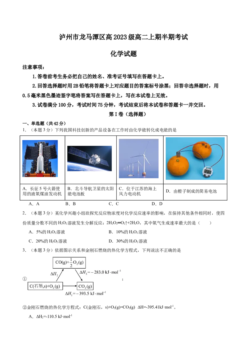 四川省泸州市龙马潭区2024-2025学年高二上学期11月期中考试化学Word版含答案_2024-2025高二（7-7月题库）_2024年12月试卷_1217四川省泸州市龙马潭区2024-2025学年高二上学期11月期中考试
