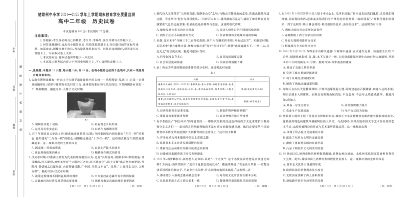 楚雄州2024-2025学年上学期期末教育学业质量监测高中二年级历史试卷_2024-2025高二（7-7月题库）_2025年03月试卷_0316云南省楚雄彝族自治州2024-2025学年高二上学期1月期末考试