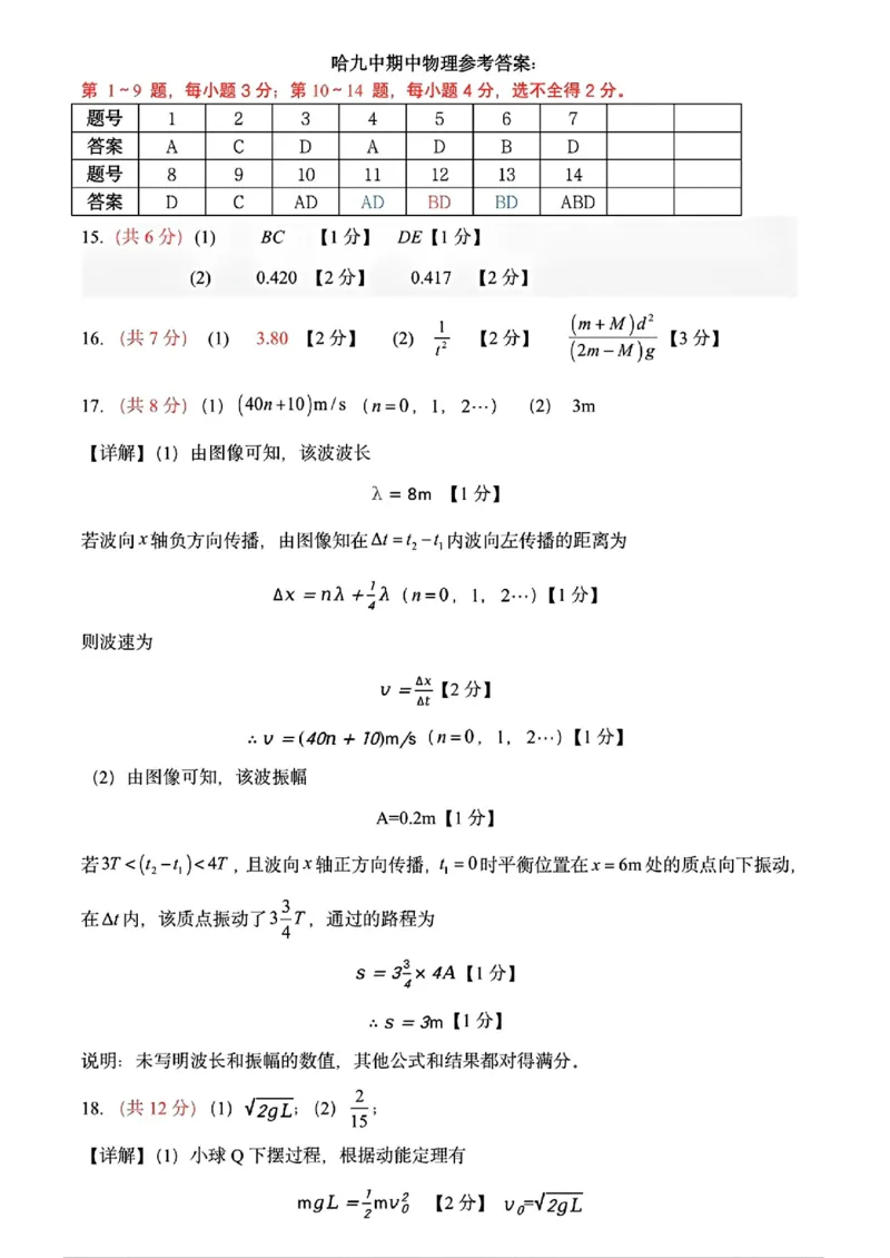 哈九中期中物理参考答案_2024-2025高三（6-6月题库）_2024年11月试卷_1106黑龙江省哈尔滨市第九中学2024-2025学年高三上学期期中考试