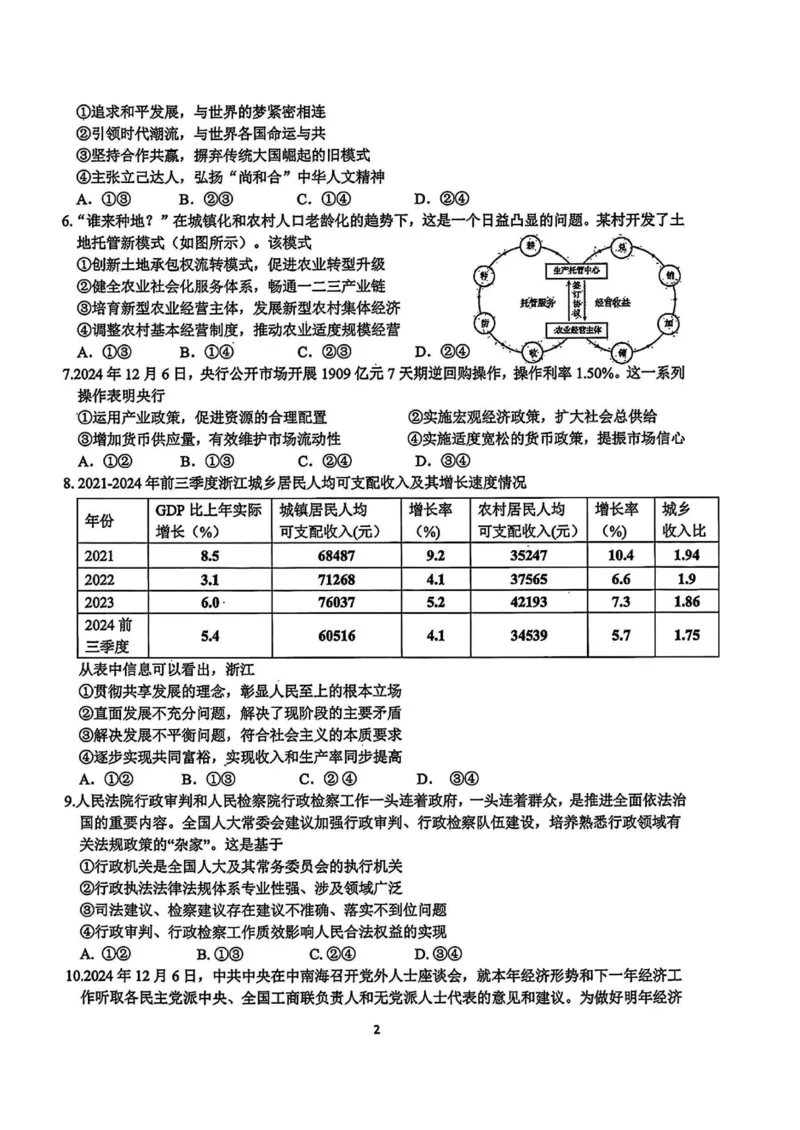政治试题_2024-2025高三（6-6月题库）_2025年02月试卷_02152025年2月浙江G12名校协作体高三返校考（全科）_浙江省名校协作体2024-2025学年高三下学期联考政治